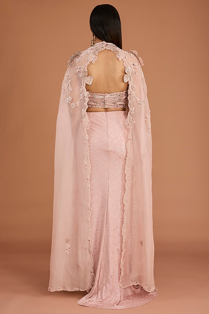 Blush Pink Organza 3D Floral Embroidered Cape Set by Dolly J at Pernia's Pop Up Shop
