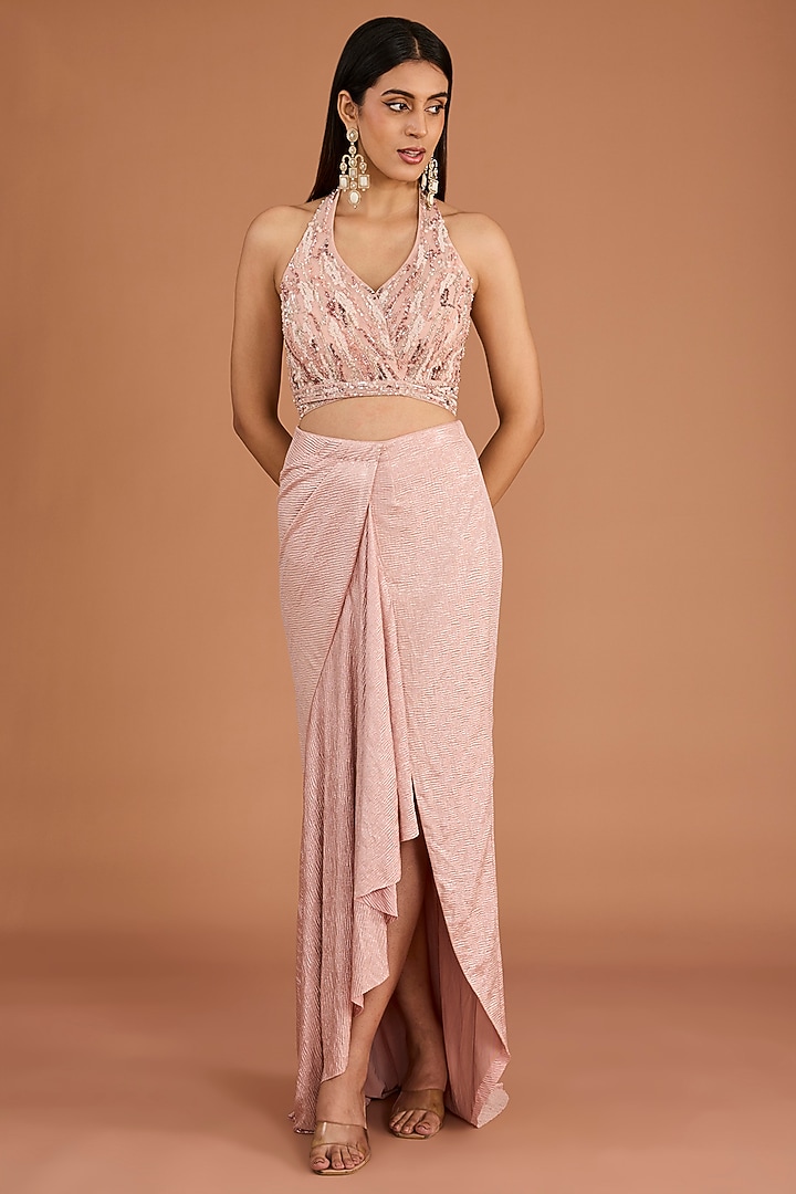 Blush Pink Organza 3D Floral Embroidered Cape Set by Dolly J at Pernia's Pop Up Shop