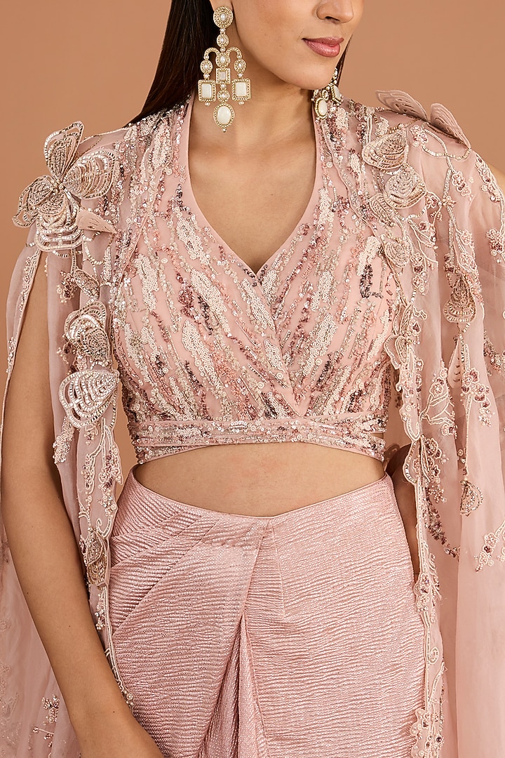 Blush Pink Organza 3D Floral Embroidered Cape Set by Dolly J at Pernia's Pop Up Shop