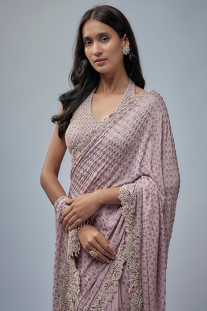 Lilac Chiffon Kamdani Jaal Embroidered Bridal Saree Set by Dolly J at Pernia's Pop Up Shop