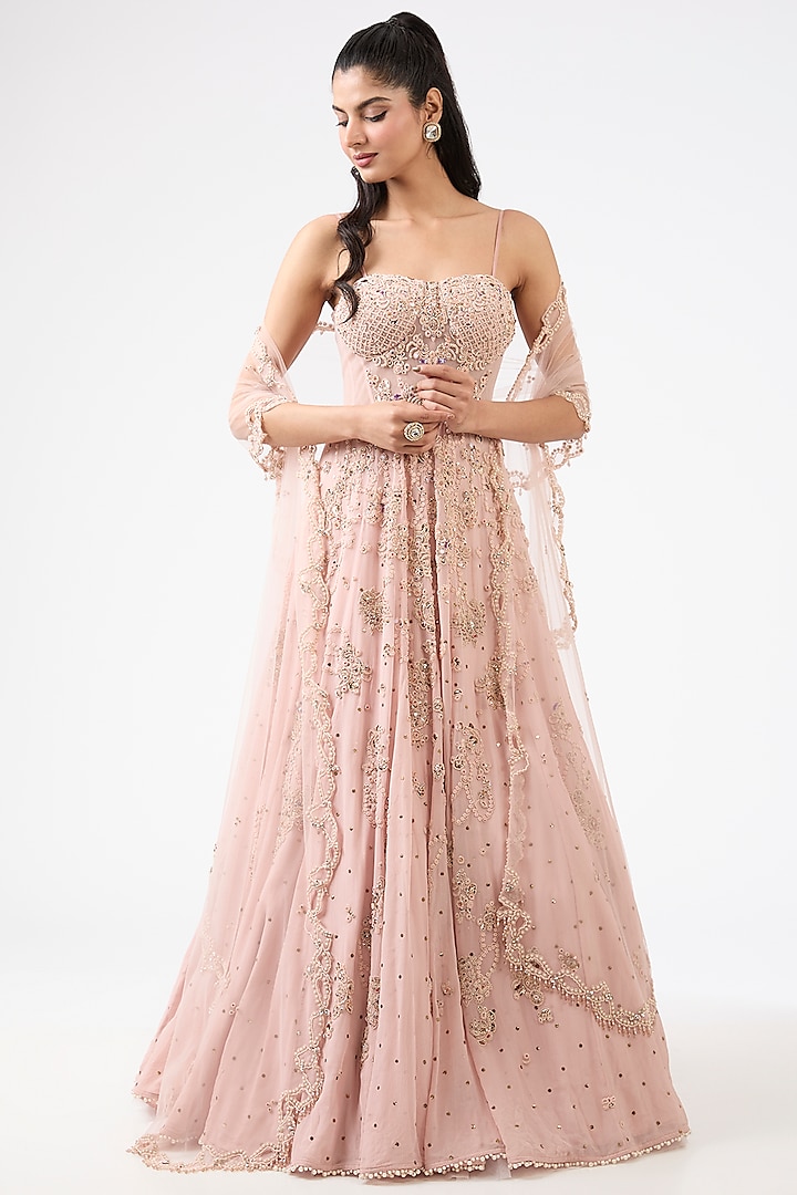 Blush Pink Chiffon Zardosi Embroidered Anarkali Set by Dolly J at Pernia's Pop Up Shop