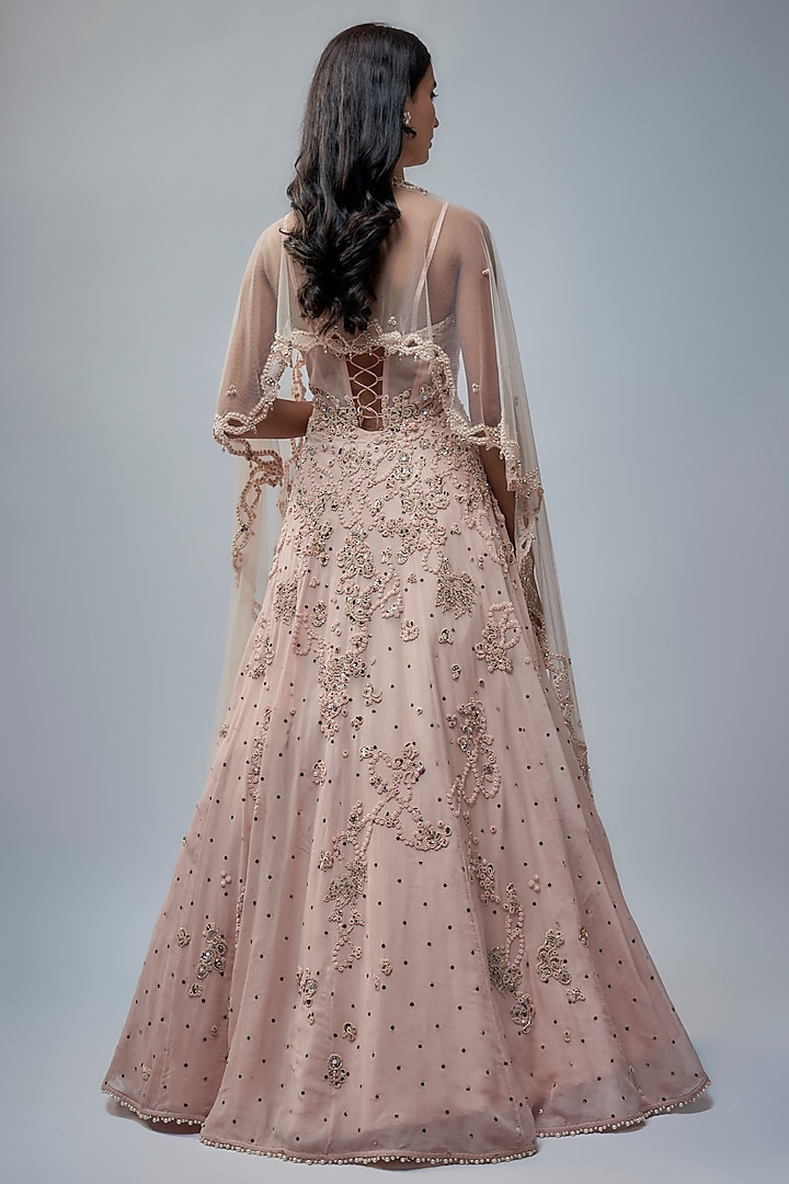 Blush Pink Chiffon Zardosi Embroidered Bridal Anarkali Set by Dolly J at Pernia's Pop Up Shop