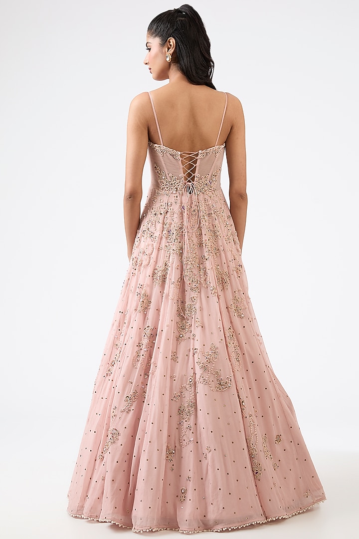 Blush Pink Chiffon Zardosi Embroidered Bridal Anarkali Set by Dolly J at Pernia's Pop Up Shop