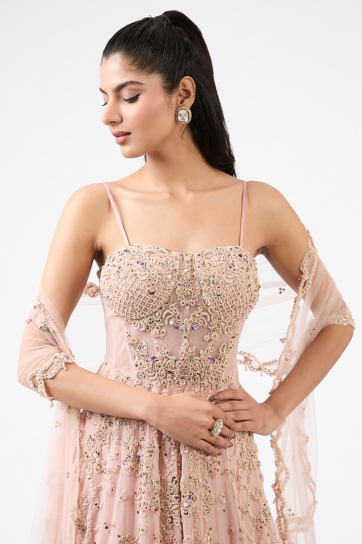 Blush Pink Chiffon Zardosi Embroidered Bridal Anarkali Set by Dolly J at Pernia's Pop Up Shop