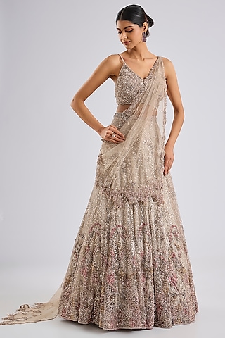 Ivory Shimmer Tulle Sequins Embellished Lehenga Set by Dolly J