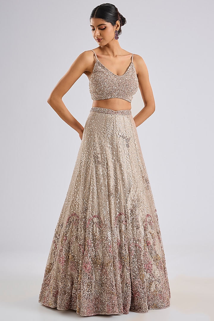 Ivory Shimmer Tulle Sequins Embellished Bridal Lehenga Set by Dolly J at Pernia's Pop Up Shop