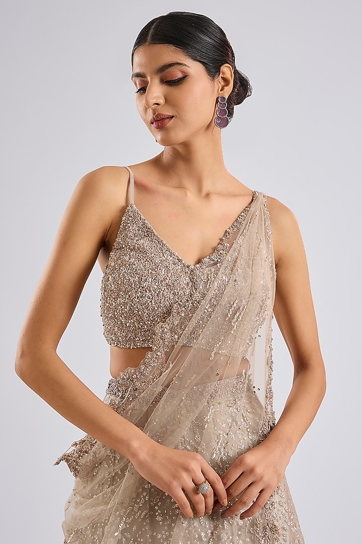 Ivory Shimmer Tulle Sequins Embellished Bridal Lehenga Set by Dolly J at Pernia's Pop Up Shop
