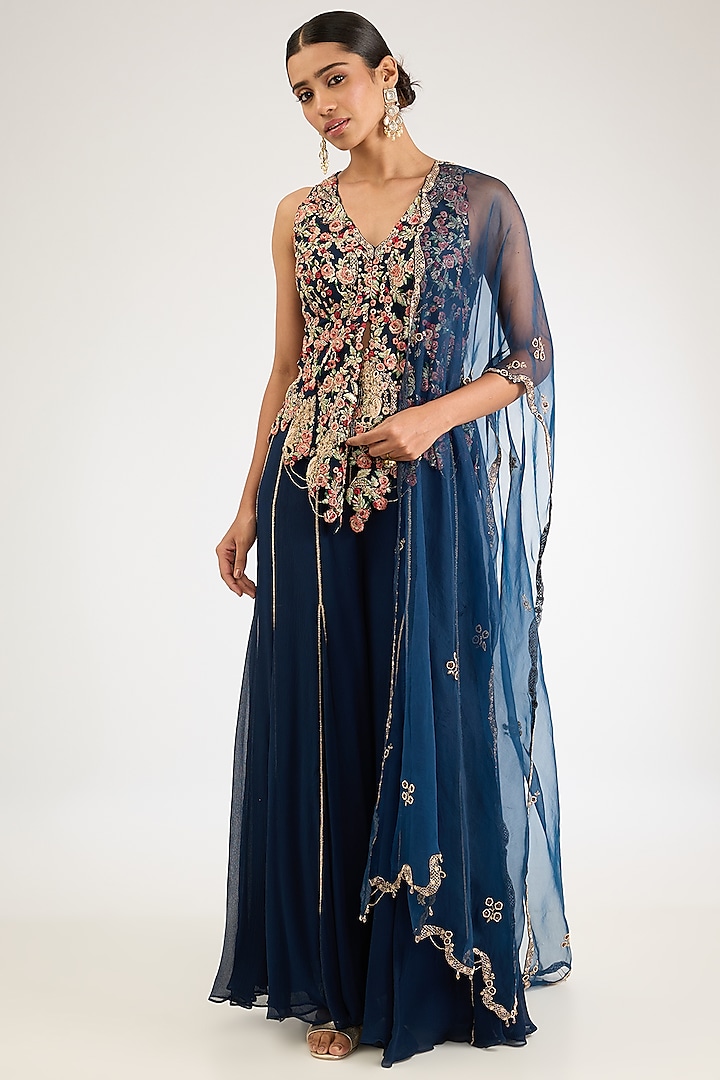 Navy Blue Chiffon Sharara Set by Dolly J at Pernia's Pop Up Shop