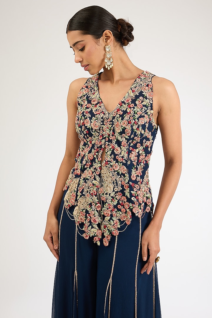 Navy Blue Chiffon Bridal Sharara Set by Dolly J at Pernia's Pop Up Shop