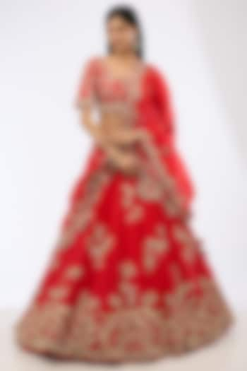 Red Raw Silk Zardosi Embroidered Bridal Lehenga Set by Dolly J at Pernia's Pop Up Shop