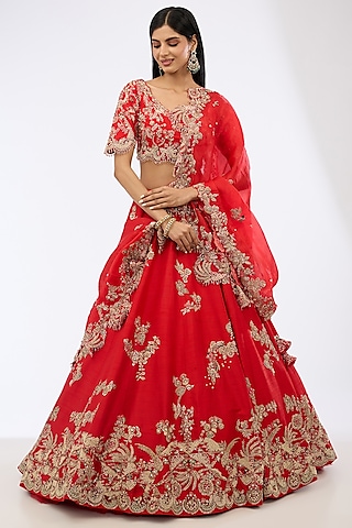 Red Raw Silk Zardosi Embroidered Lehenga Set by Dolly J