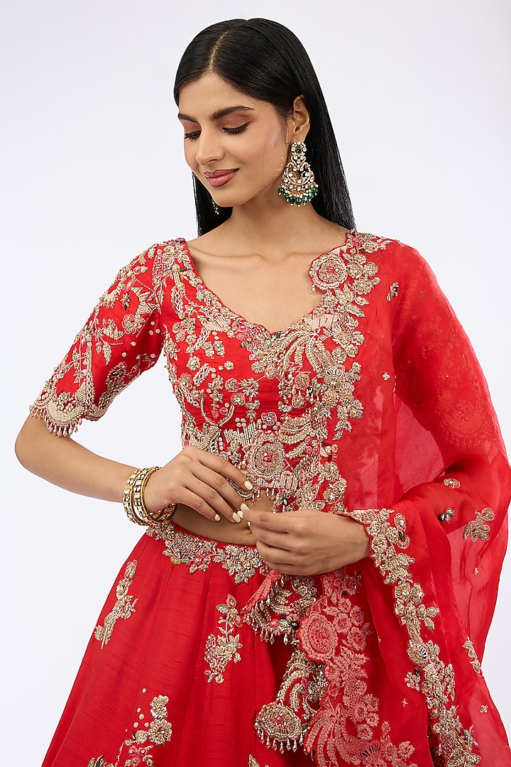 Red Raw Silk Zardosi Embroidered Bridal Lehenga Set by Dolly J at Pernia's Pop Up Shop