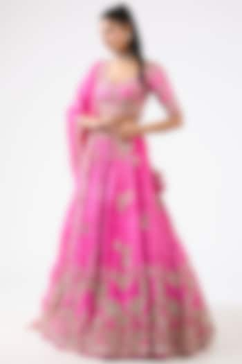 Fuschia Rose Silk Pearl Embroidered Bridal Lehenga Set by Dolly J at Pernia's Pop Up Shop