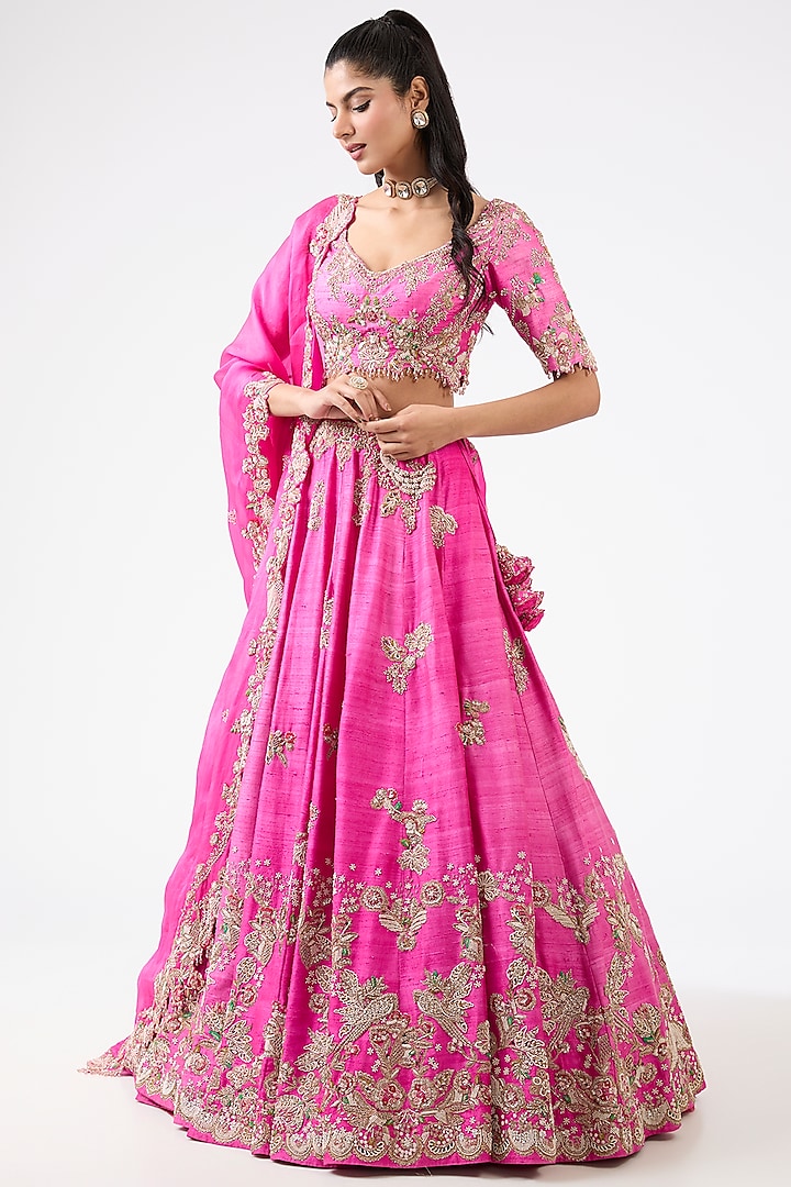 Fuschia Rose Silk Pearl Embroidered Bridal Lehenga Set by Dolly J at Pernia's Pop Up Shop