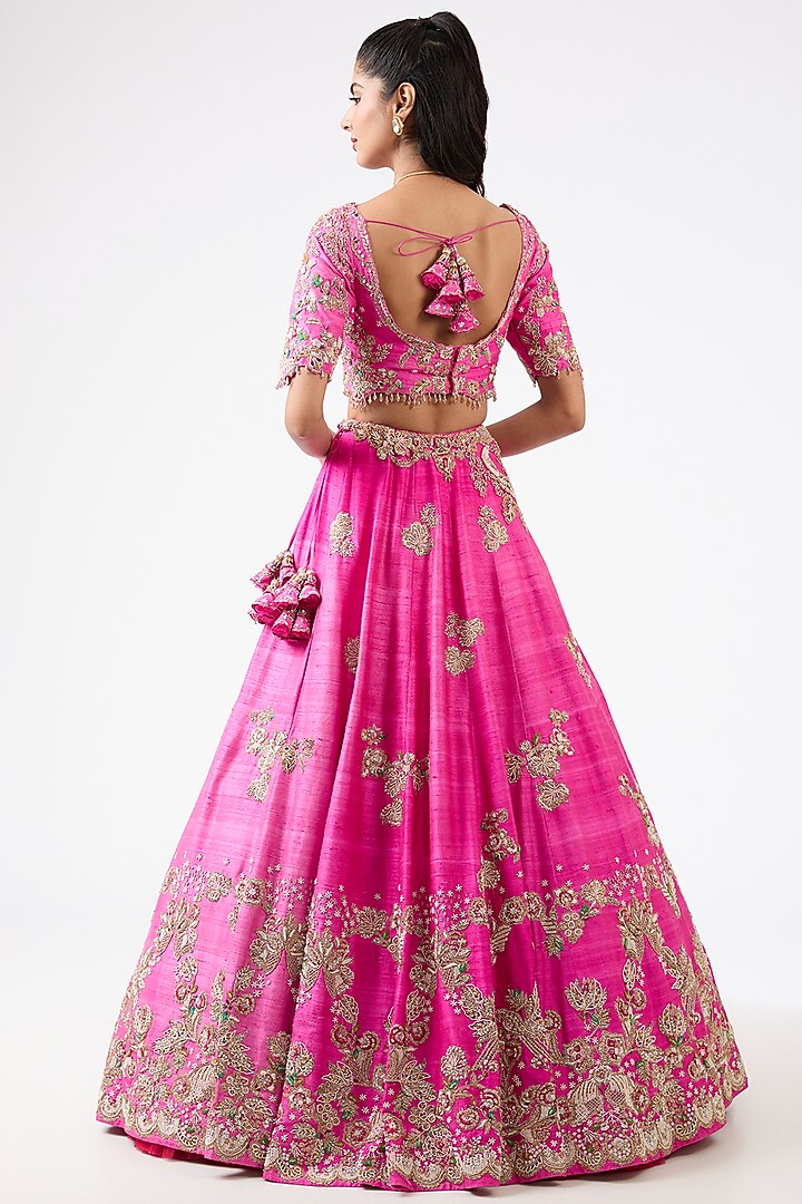 Fuschia Rose Silk Pearl Embroidered Bridal Lehenga Set by Dolly J at Pernia's Pop Up Shop