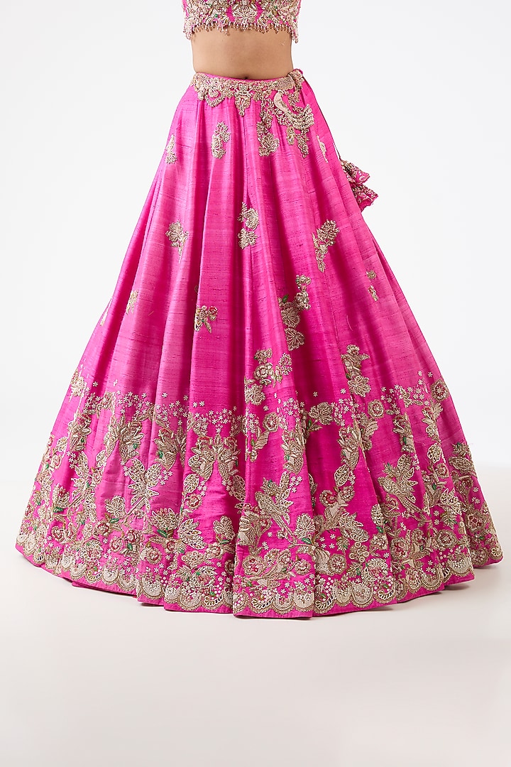 Fuschia Rose Silk Pearl Embroidered Bridal Lehenga Set by Dolly J at Pernia's Pop Up Shop