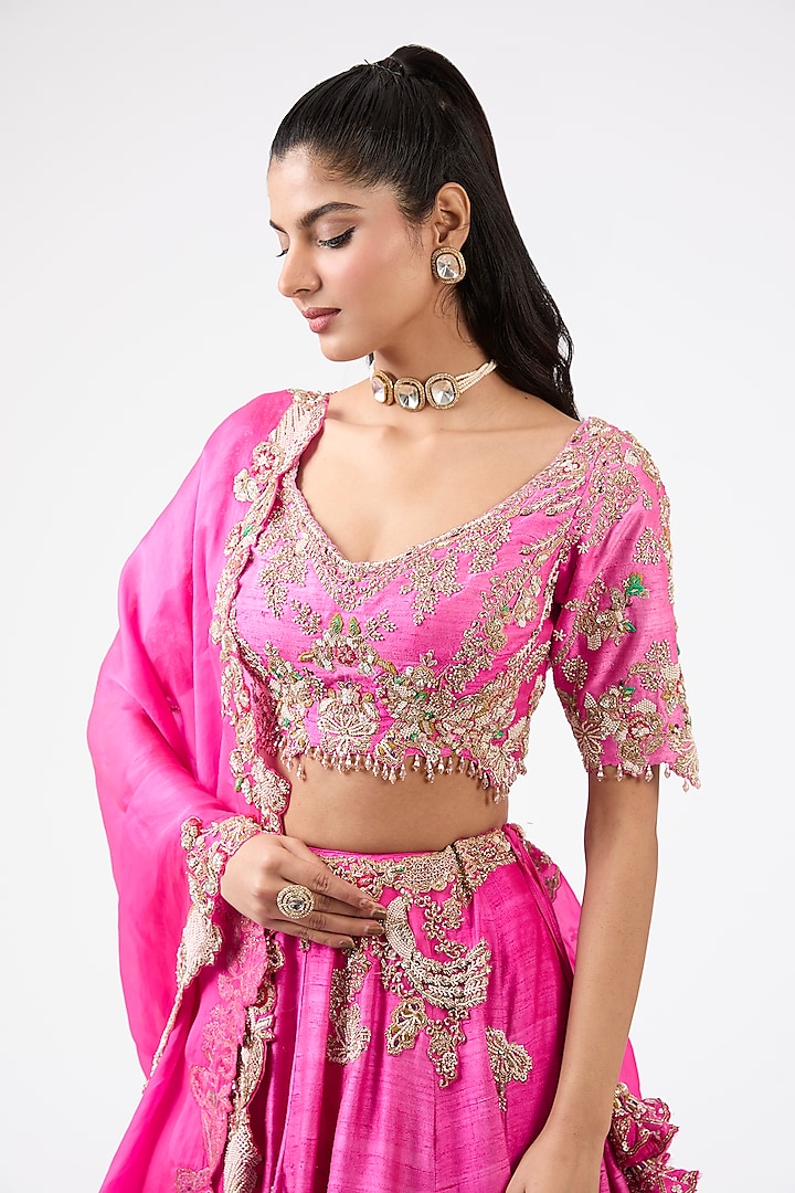 Fuschia Rose Silk Pearl Embroidered Bridal Lehenga Set by Dolly J at Pernia's Pop Up Shop