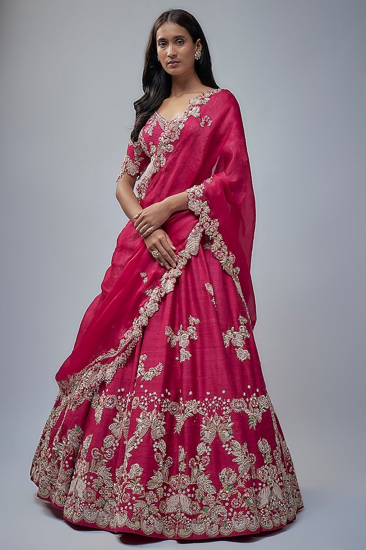 Maroon Silk Pearl Embroidered Bridal Lehenga Set by Dolly J at Pernia's Pop Up Shop