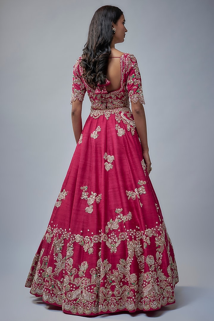 Maroon Silk Pearl Embroidered Bridal Lehenga Set by Dolly J at Pernia's Pop Up Shop