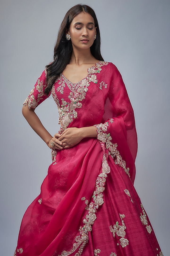 Maroon Silk Pearl Embroidered Bridal Lehenga Set by Dolly J at Pernia's Pop Up Shop