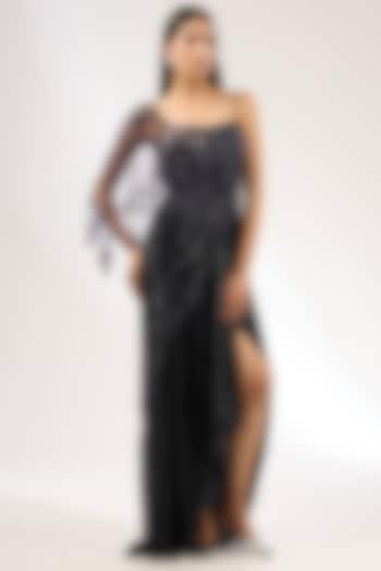 Navy Blue Sequins Draped Gown by Dolly J at Pernia's Pop Up Shop