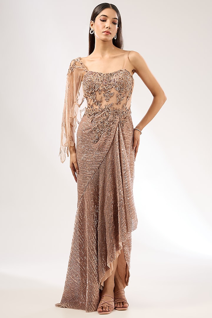 Rose Gold Sequins Draped Gown by Dolly J at Pernia's Pop Up Shop