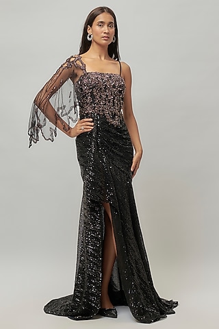 Black Sequins Embroidered Gown by Dolly J
