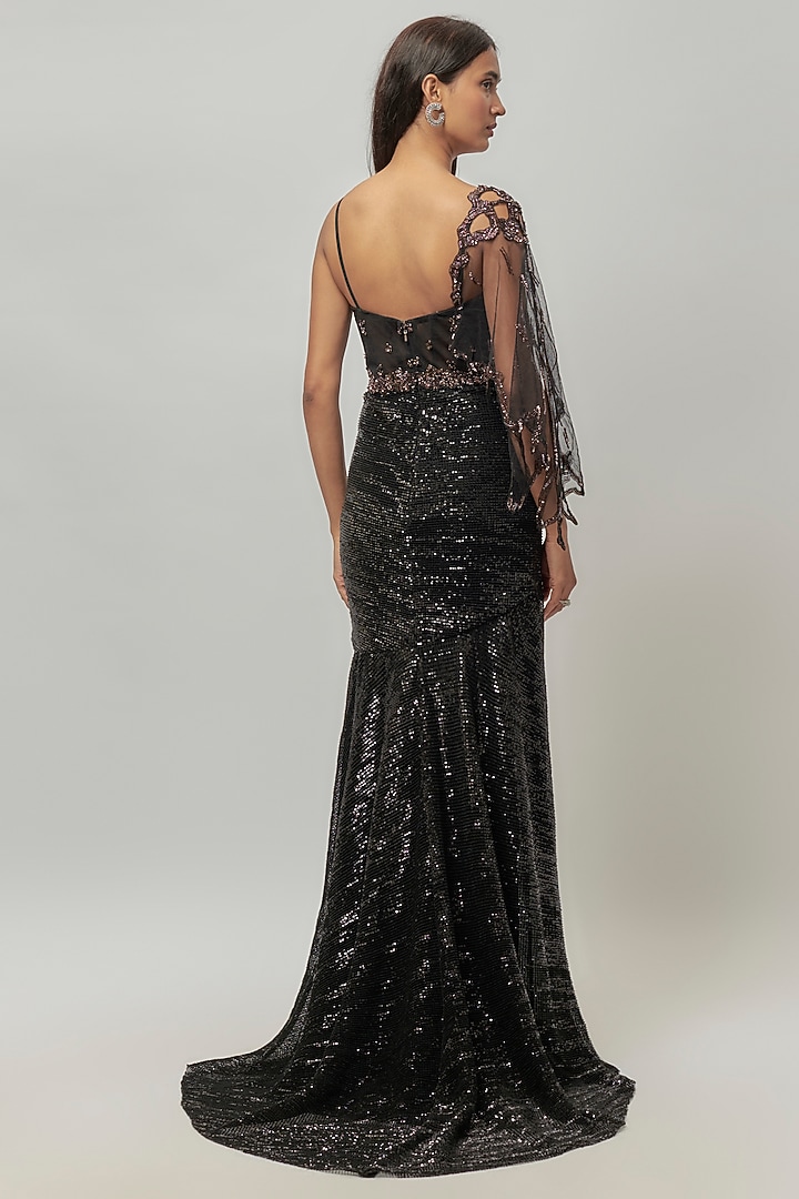 black sequin embroidered dress Sail to Sable Black Sequin Ruffle Neck Dress Black Sequin / XL / H23121