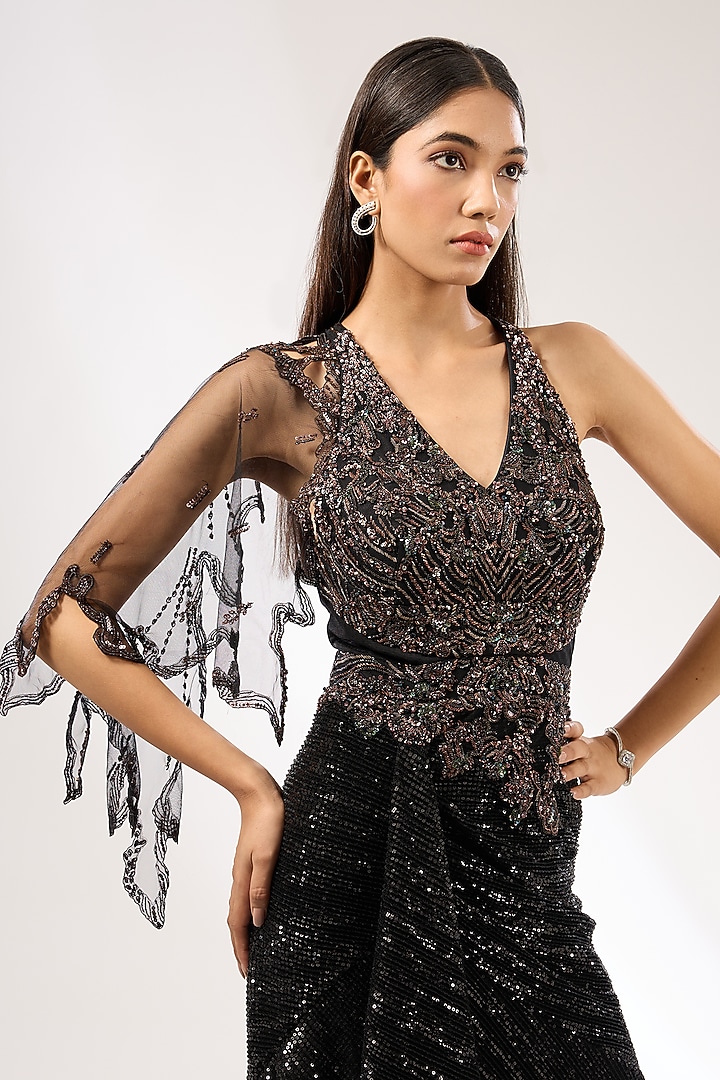 Black Sequins Draped Wedding Gown by Dolly J at Pernia's Pop Up Shop