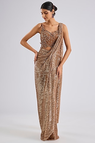 Gold Lycra Sequins Draped Saree Set by Dolly J