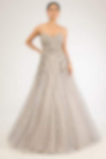 Grey Organza Feather Embellished Woven Gown by Dolly J at Pernia's Pop Up Shop