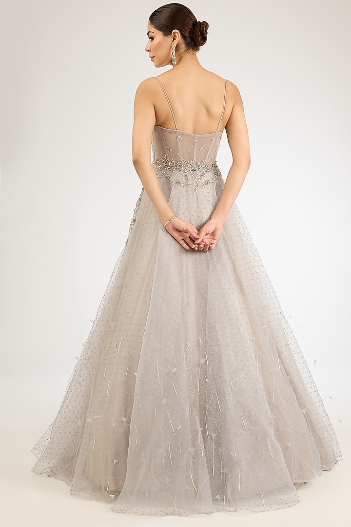 Grey Organza Feather Embellished Woven Wedding Gown by Dolly J at Pernia's Pop Up Shop