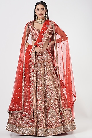 Fiery Red Hand Embroidered Lehenga Set by Dolly J