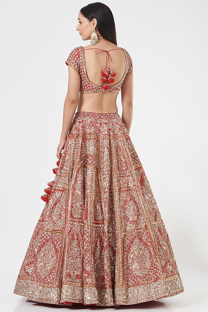 Fiery Red Hand Embroidered Bridal Lehenga Set by Dolly J at Pernia's Pop Up Shop