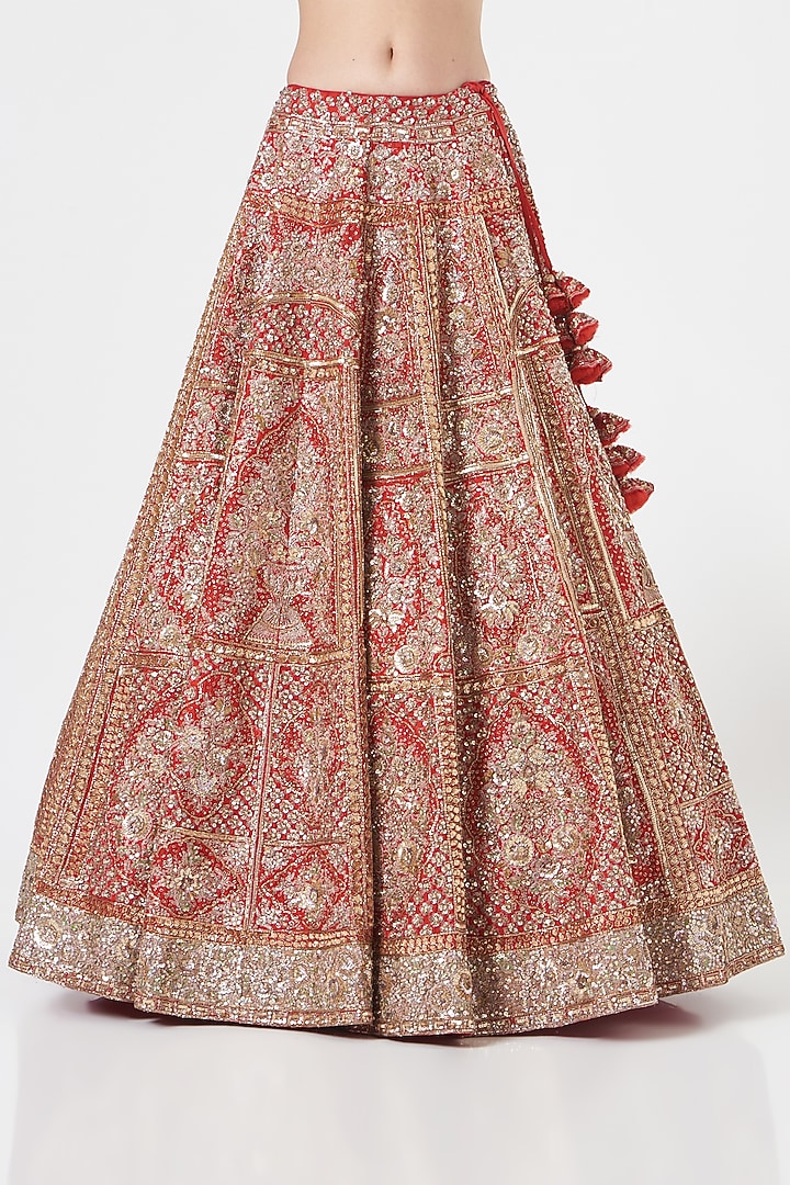 Fiery Red Hand Embroidered Bridal Lehenga Set by Dolly J at Pernia's Pop Up Shop