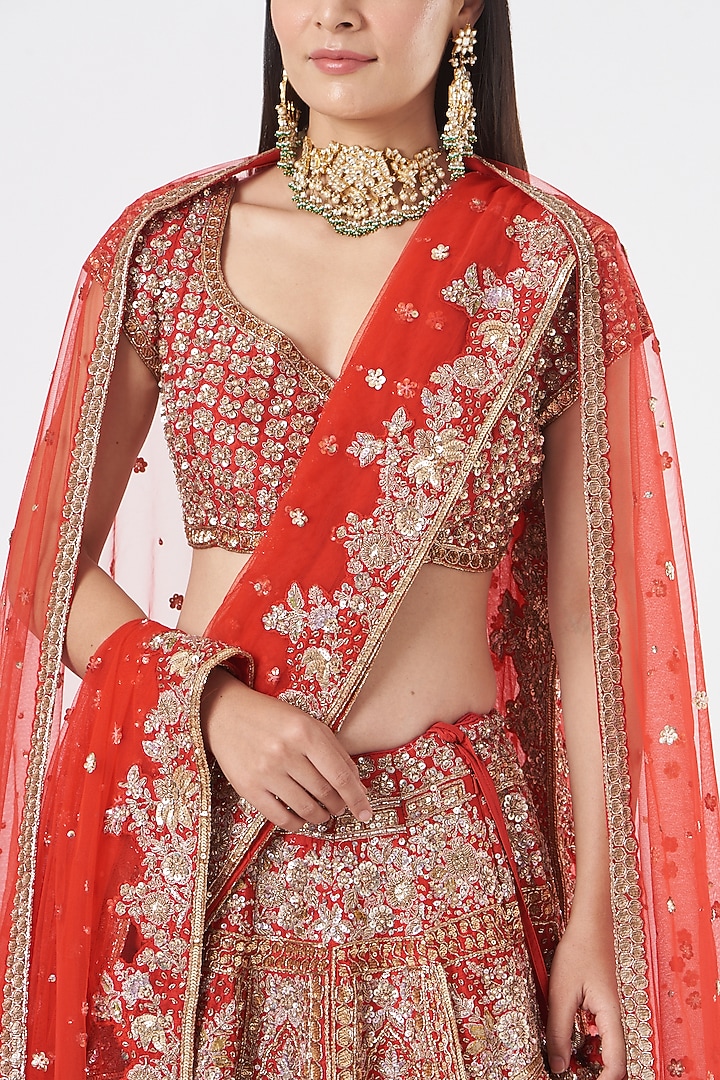 Fiery Red Hand Embroidered Bridal Lehenga Set by Dolly J at Pernia's Pop Up Shop