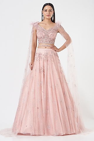 Blush Pink Hand Embroidered Lehenga Set by Dolly J