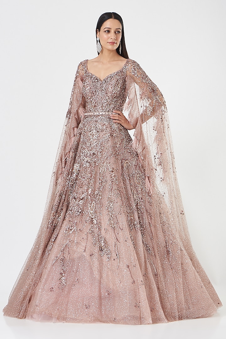 Onion Pink Embroidered Bridal Gown With Dupatta by Dolly J at Pernia's Pop Up Shop