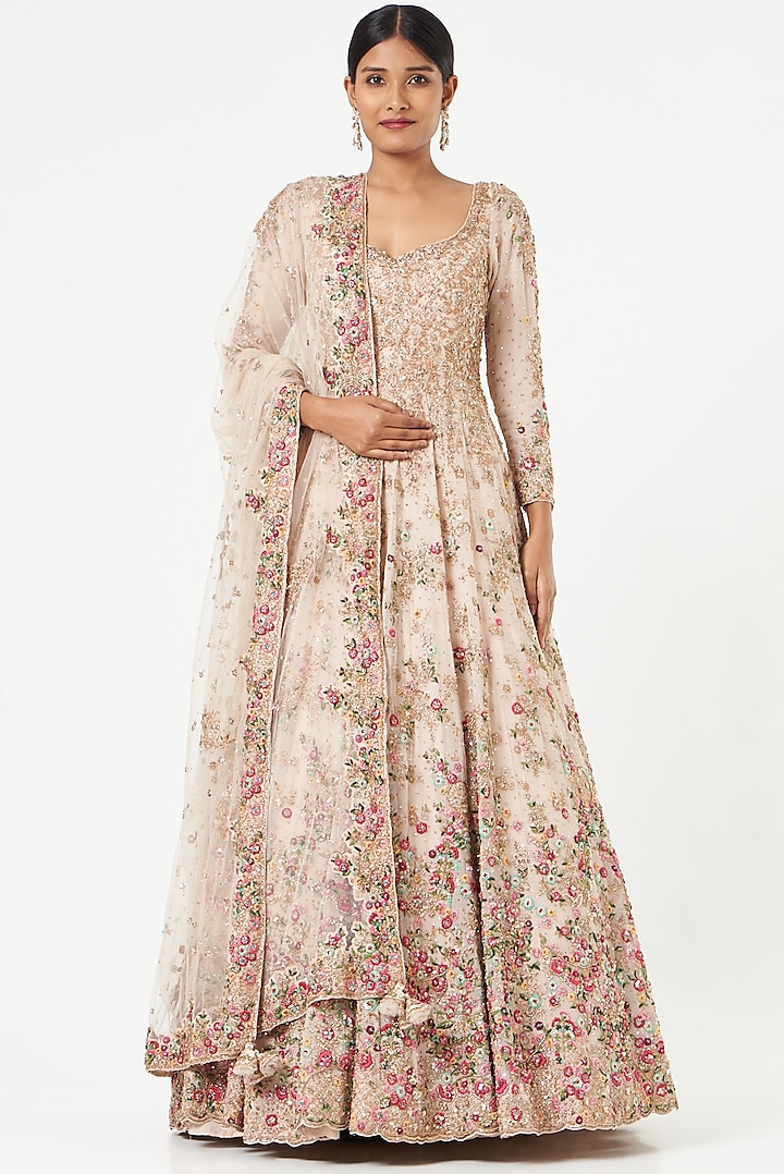 Beige Embroidered Anarkali Set by Dolly J at Pernia's Pop Up Shop