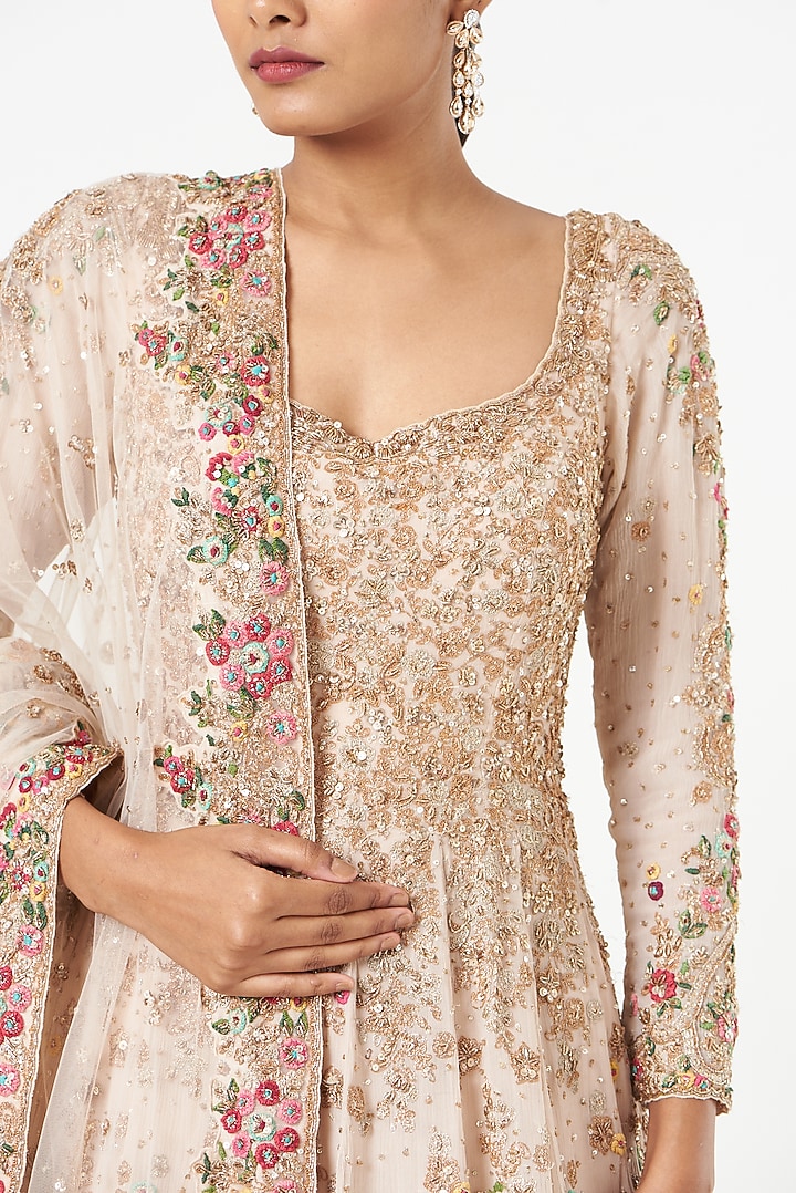 Beige Embroidered Bridal Anarkali Set by Dolly J at Pernia's Pop Up Shop