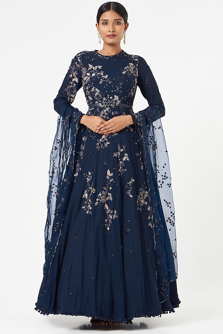 Midnight Blue Embroidered Anarkali Set by Dolly J