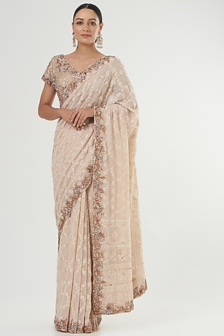 Beige Hand Embroidered Saree Set by Dolly J