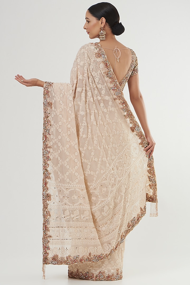 Beige Hand Embroidered Bridal Saree Set by Dolly J at Pernia's Pop Up Shop