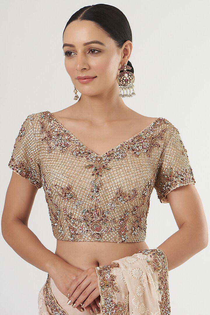Beige Hand Embroidered Bridal Saree Set by Dolly J at Pernia's Pop Up Shop