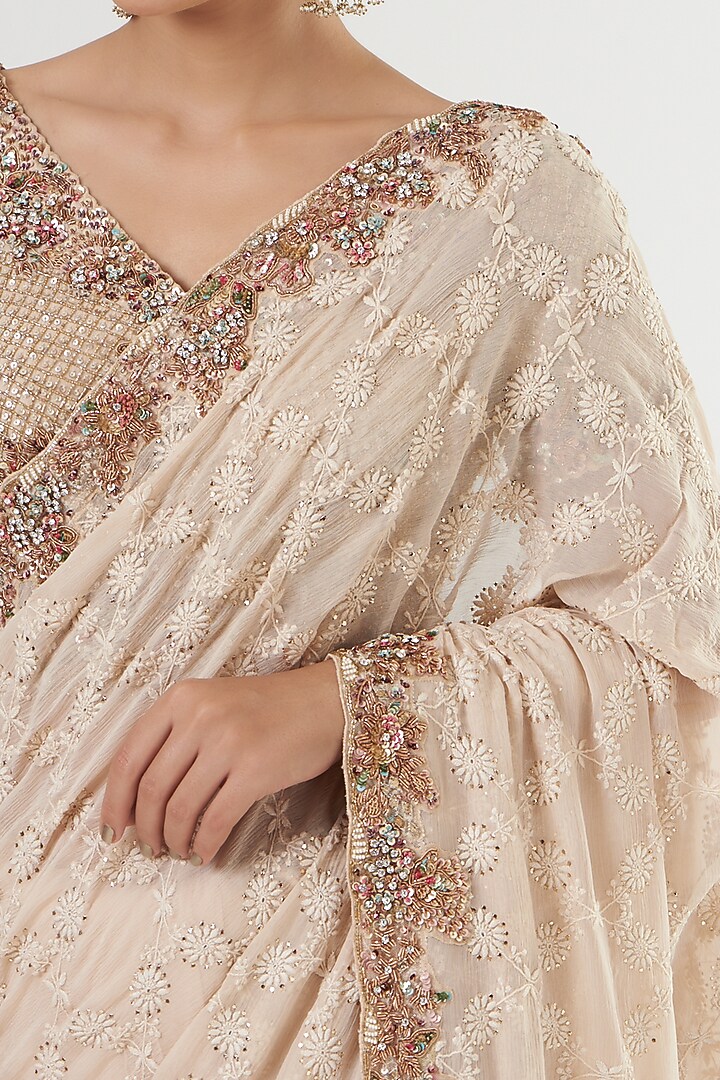 Beige Hand Embroidered Bridal Saree Set by Dolly J at Pernia's Pop Up Shop