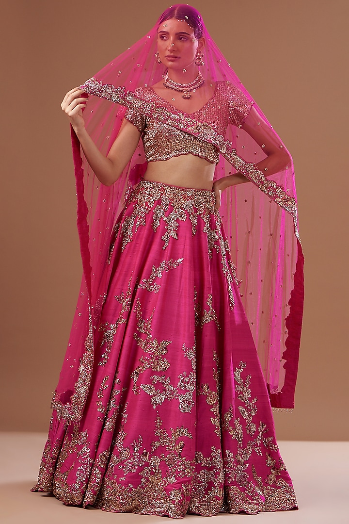 Pink Raw Silk Embroidered Bridal Lehenga Set by Dolly J at Pernia's Pop Up Shop