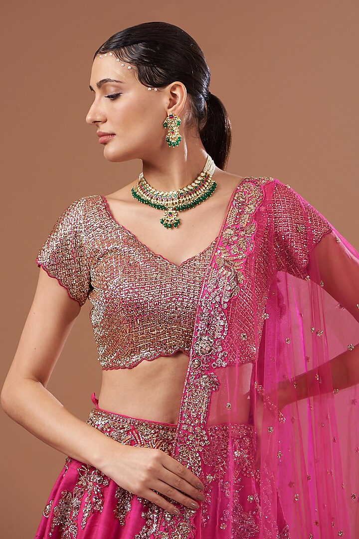 Pink Raw Silk Embroidered Bridal Lehenga Set by Dolly J at Pernia's Pop Up Shop