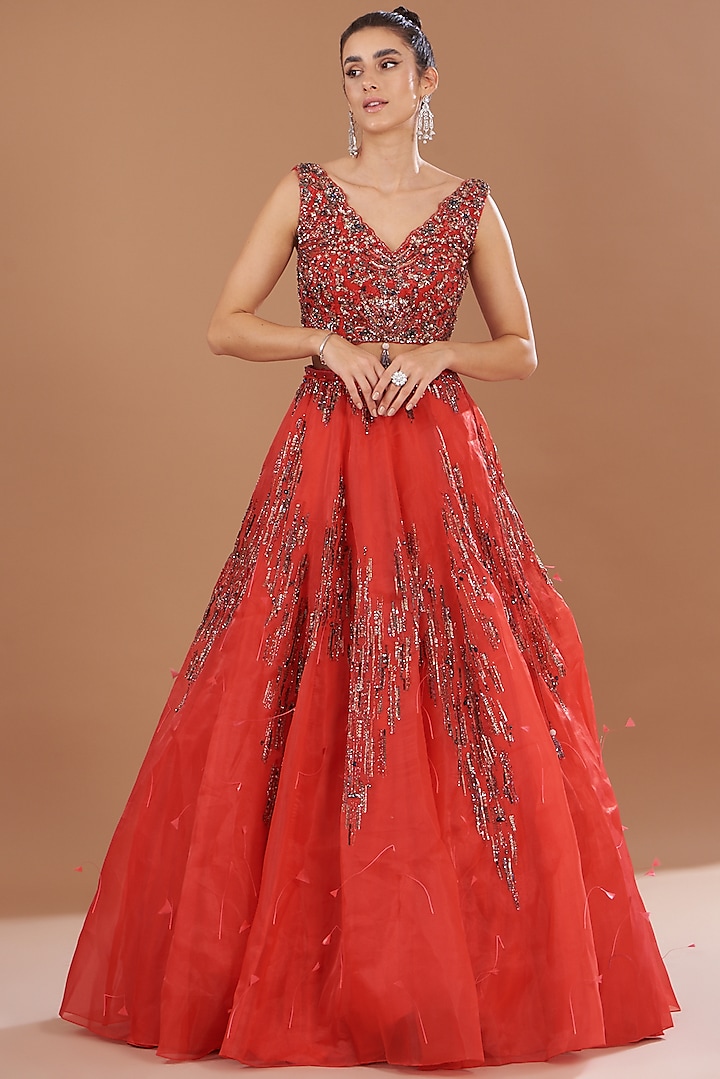 Red Organza Embroidered Gown