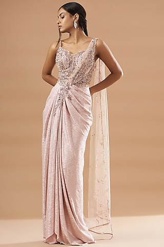 Blush Pink Shimmer Tulle Draped Gown by Dolly J at Pernia's Pop Up Shop 2026