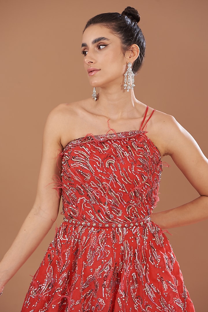 Red Organza Embroidered Bridal Gown by Dolly J at Pernia's Pop Up Shop